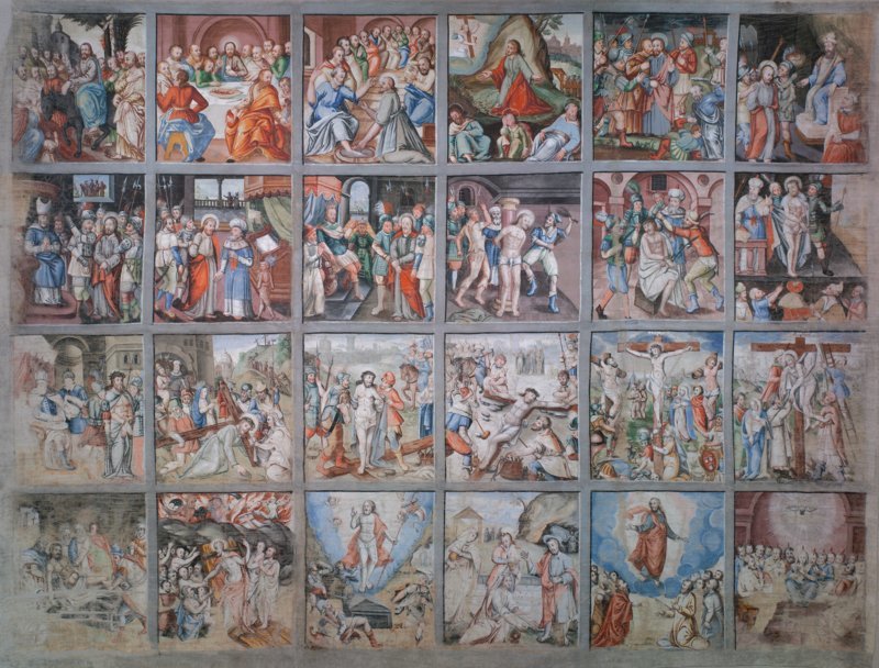 La tela quaresimale di San Giacomo con 24 quadri della Passione di Gesù (cm 473 x cm 365, ripresa dopo il restauro) © Foto: Museum Gherdëina, A. Ochsenreiter La tela quaresimale di San Giacomo con 24 quadri della Passione di Gesù (cm 473 x cm 365, ripresa dopo il restauro) © Foto: Museum Gherdëina, A. Ochsenreiter